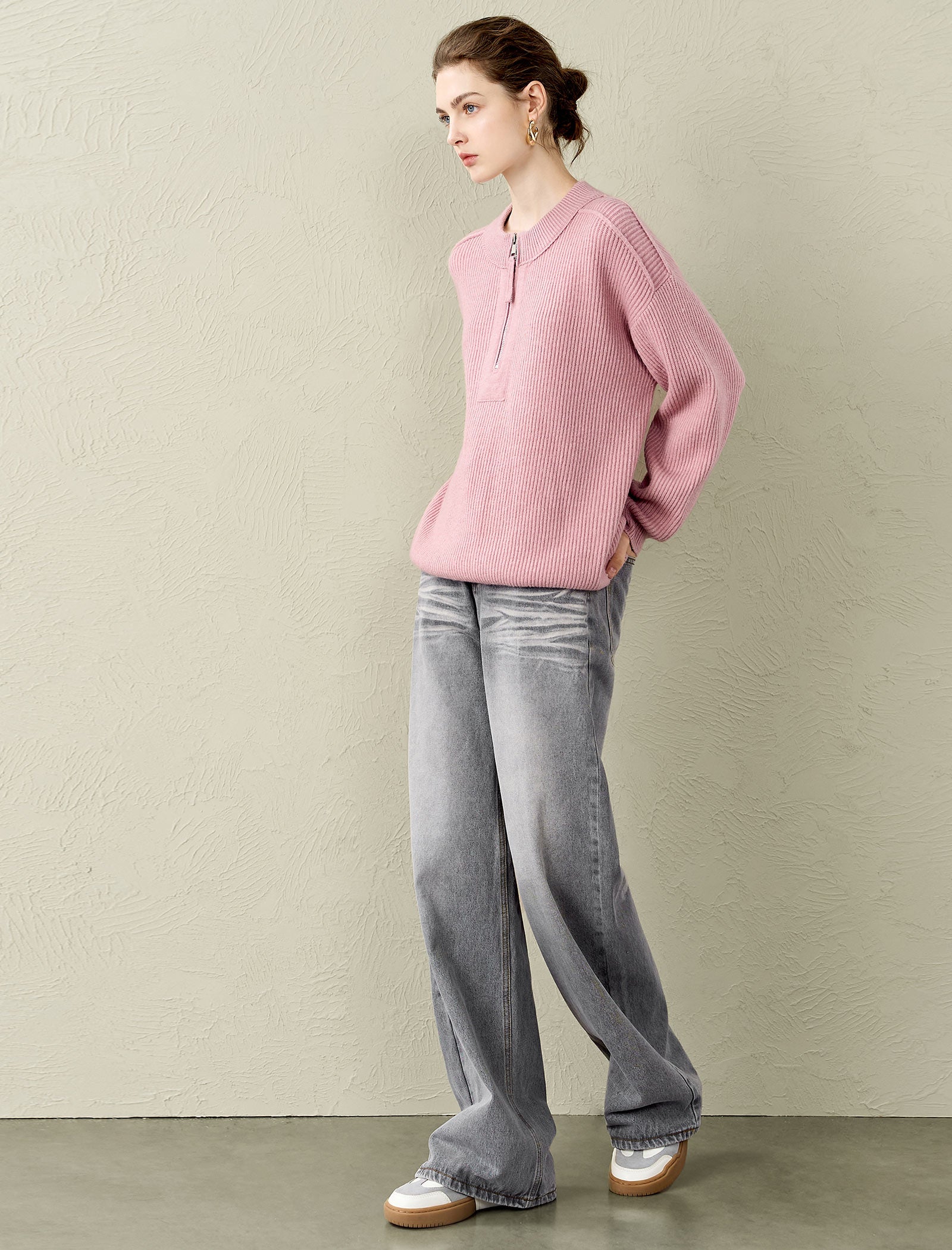 Half-Zip 100% Wool Ribbed Sweater