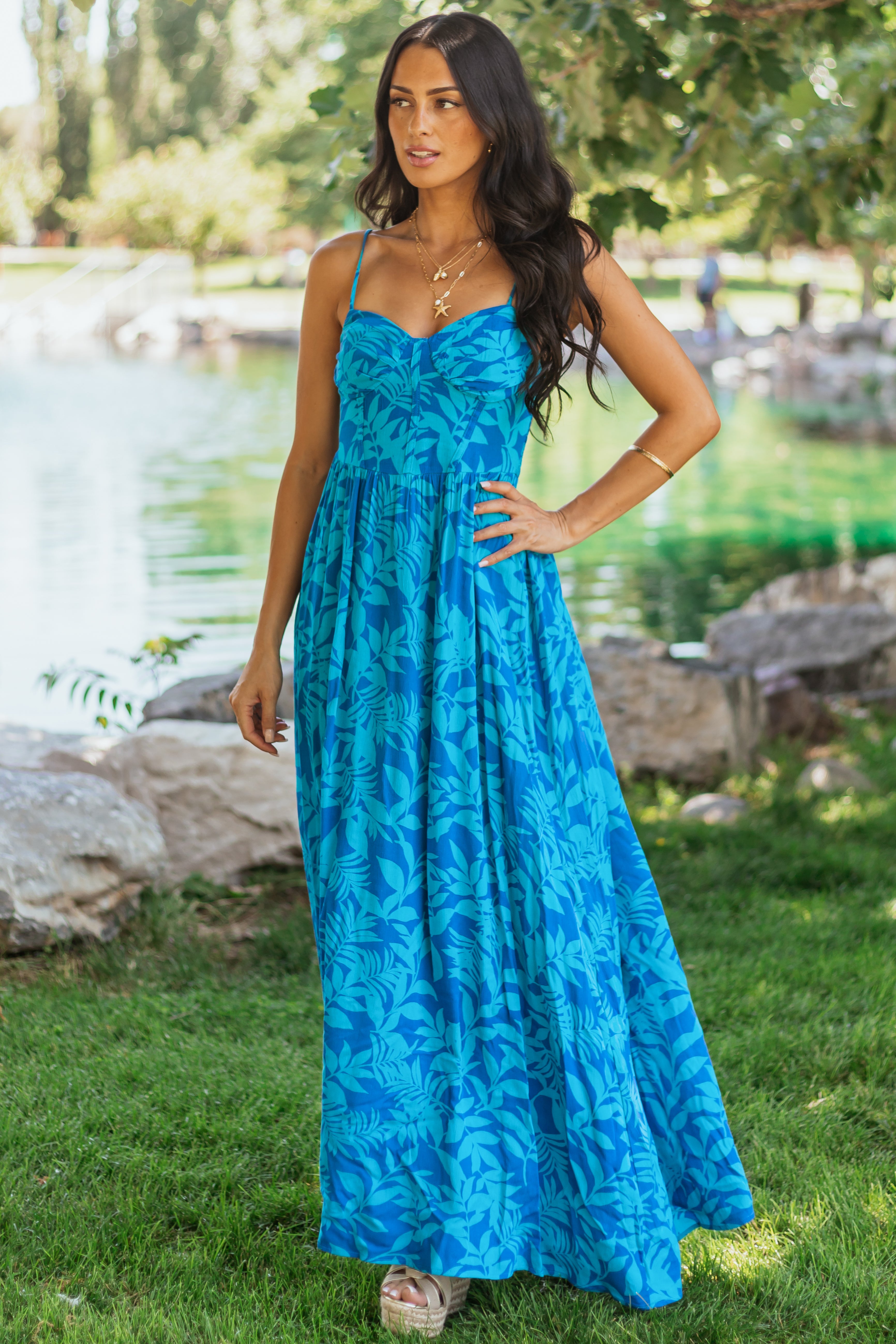 Cobalt Tropical Print Sleeveless Maxi Dress