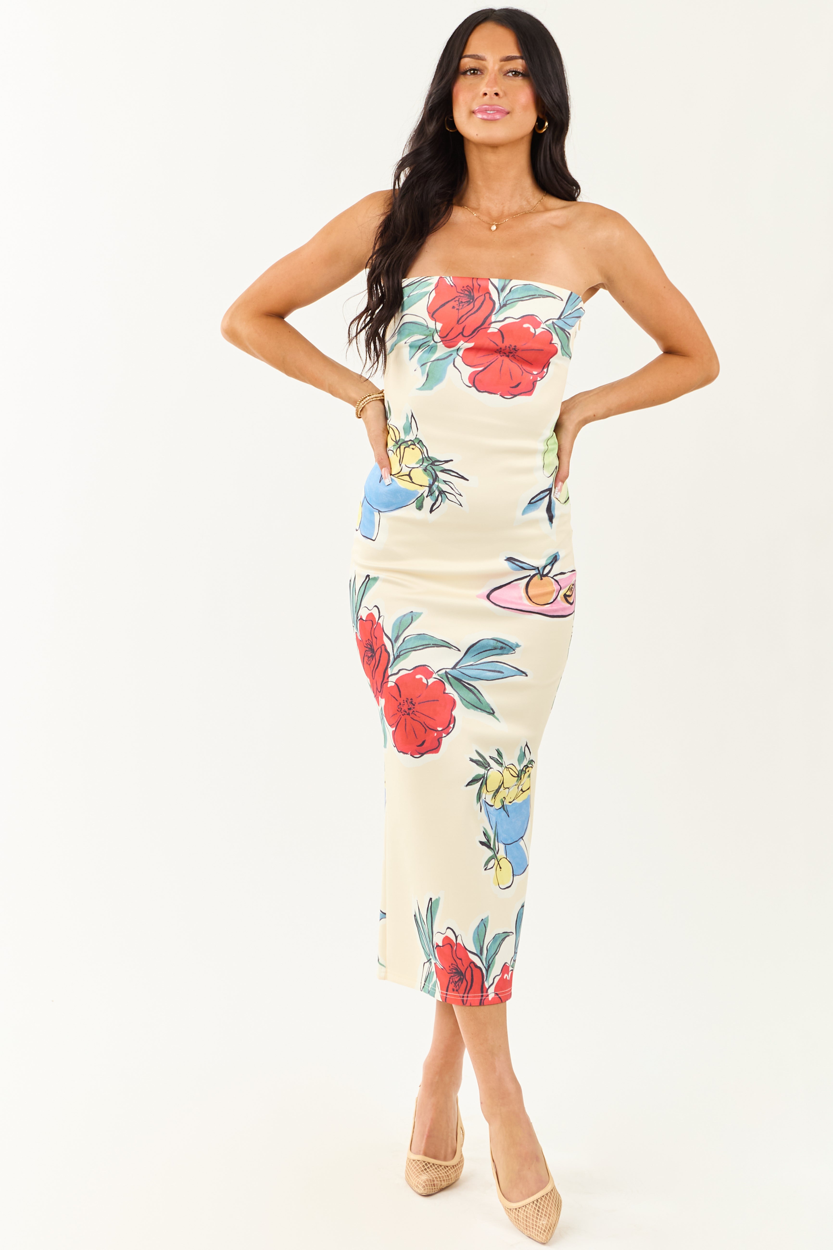 Cream Fruit and Floral Print Strapless Midi Dress