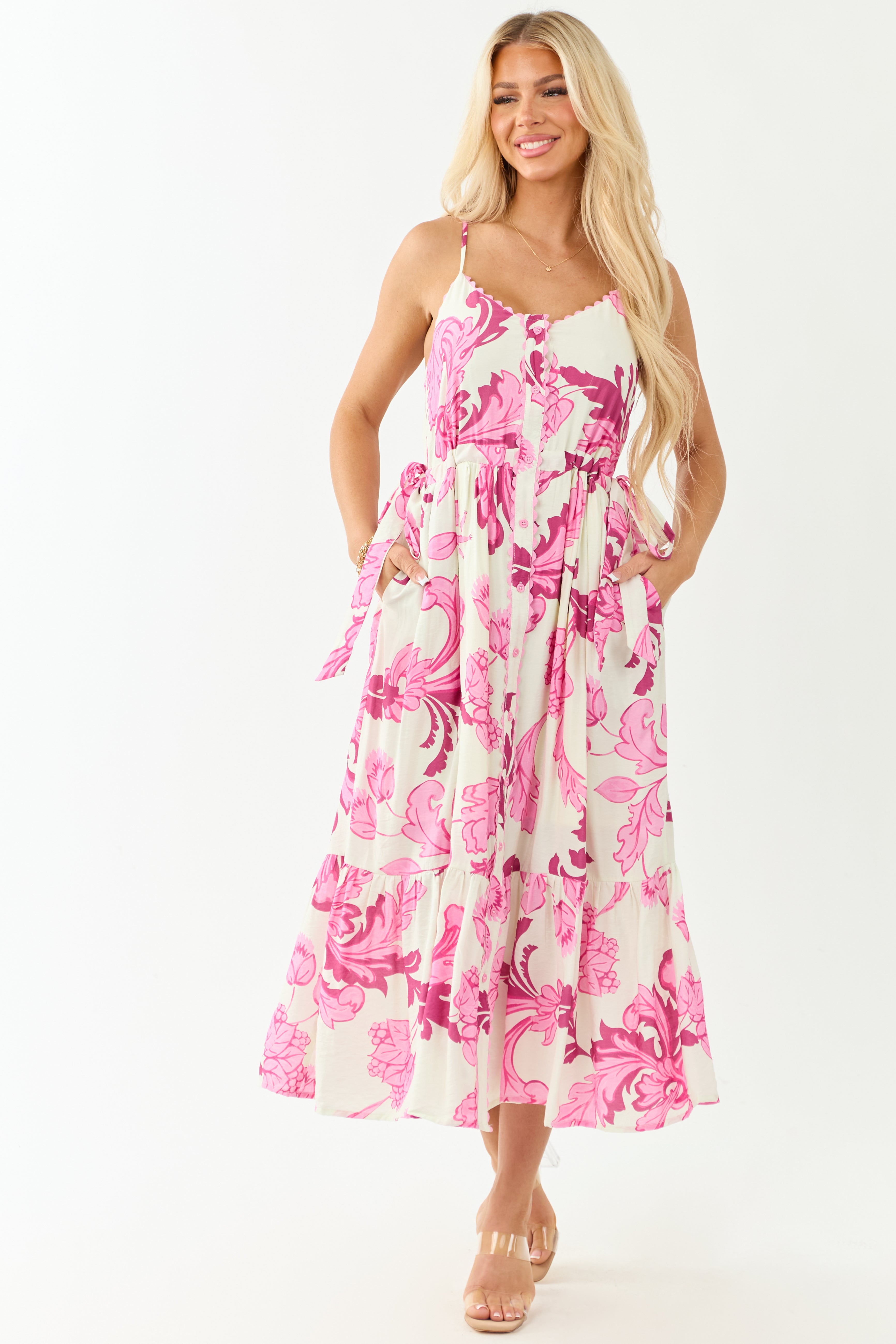 Entro Cream Floral Buttoned Sleeveless Maxi Dress