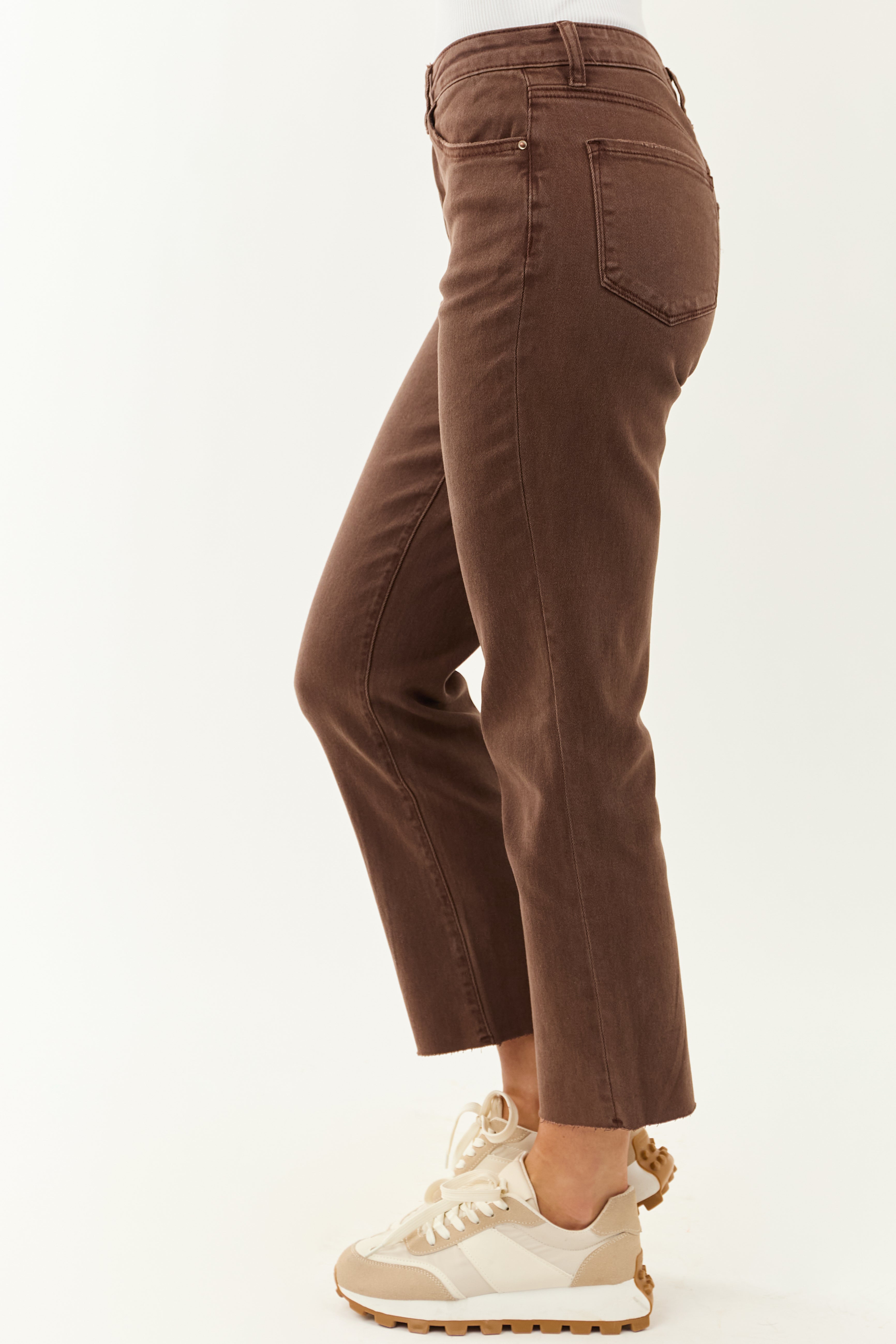 Coffee Cropped High Rise Stretchy Straight Jeans