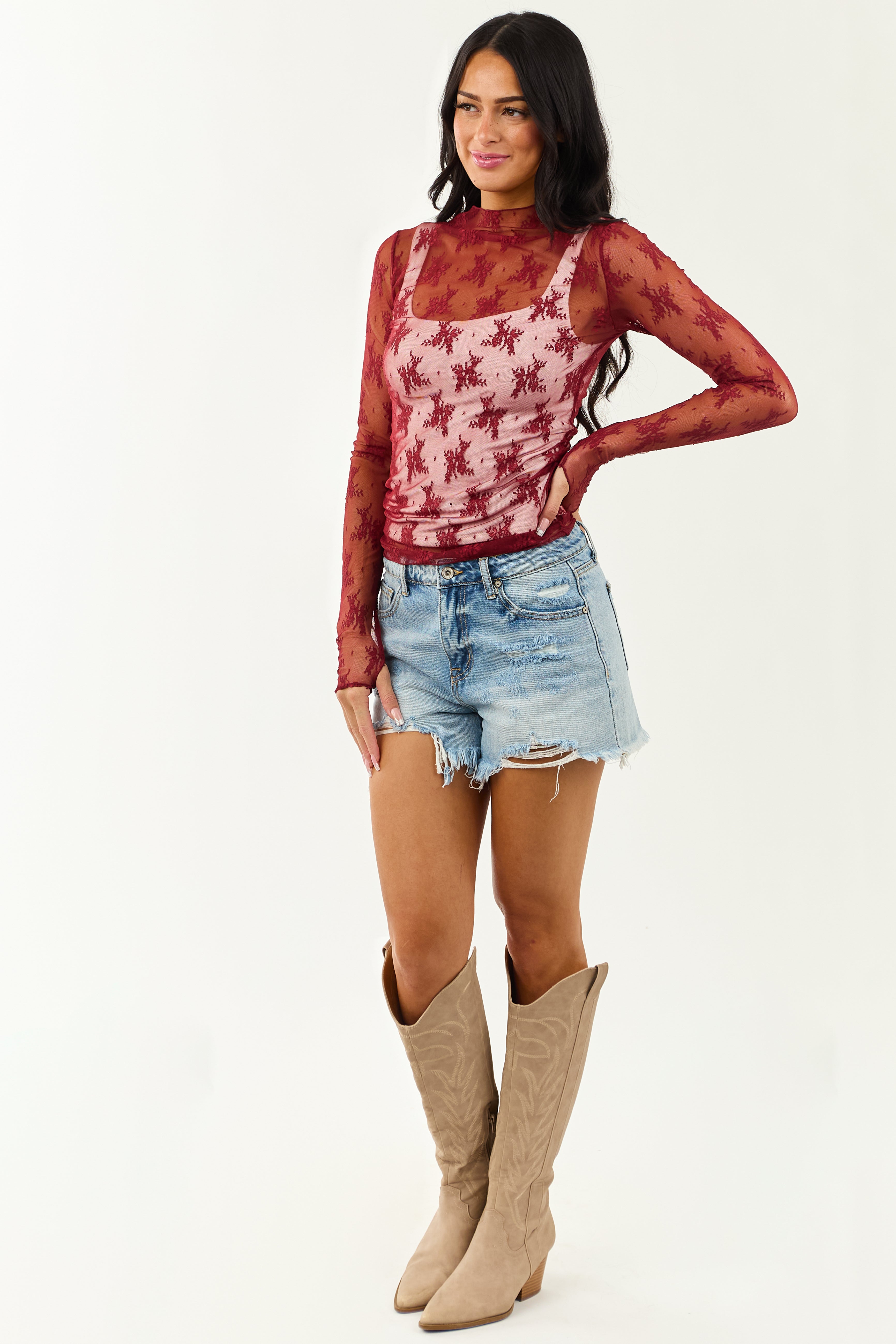 Wine Mesh Lace Mock Neck Long Sleeve Top