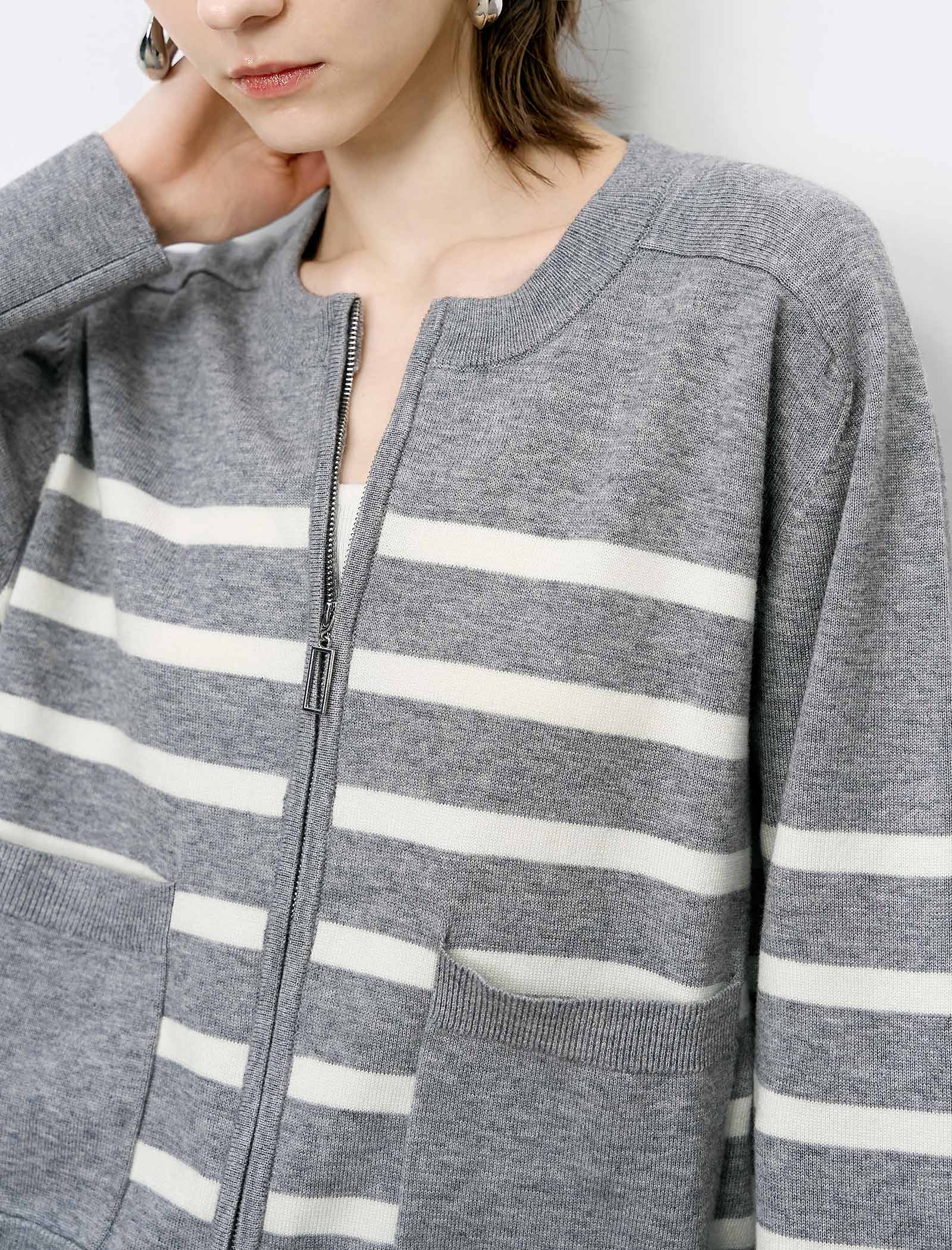 Striped Wool Zipper Short Knit Cardigan