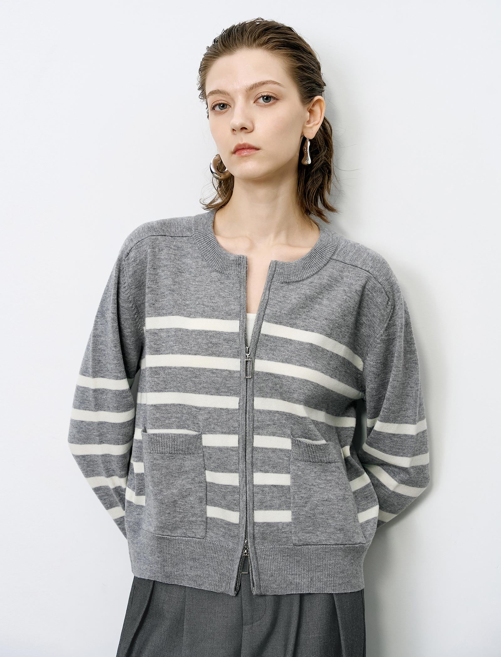 Striped Wool Zipper Short Knit Cardigan
