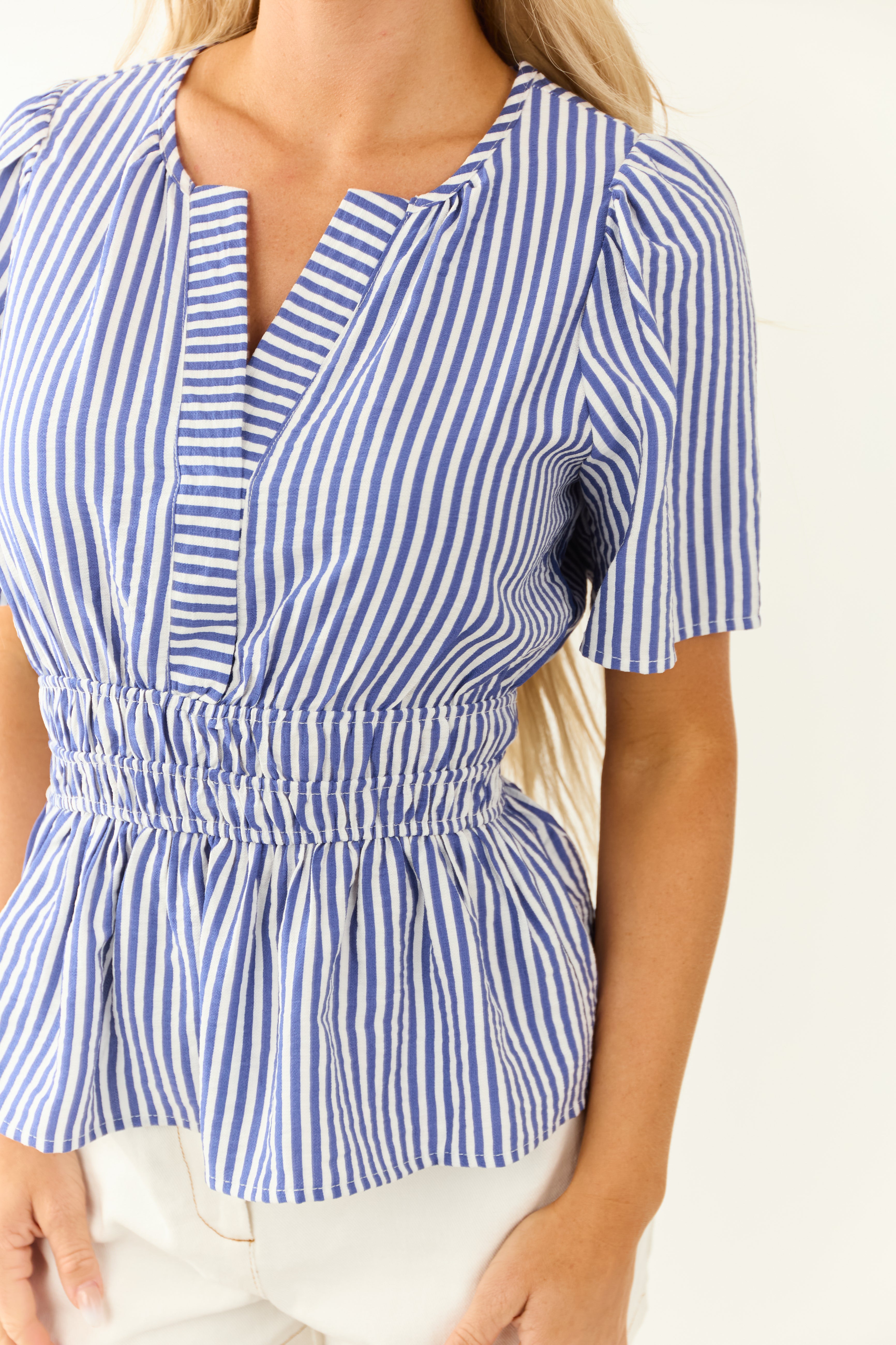 She+Sky Cobalt Striped Short Sleeve Peplum Blouse