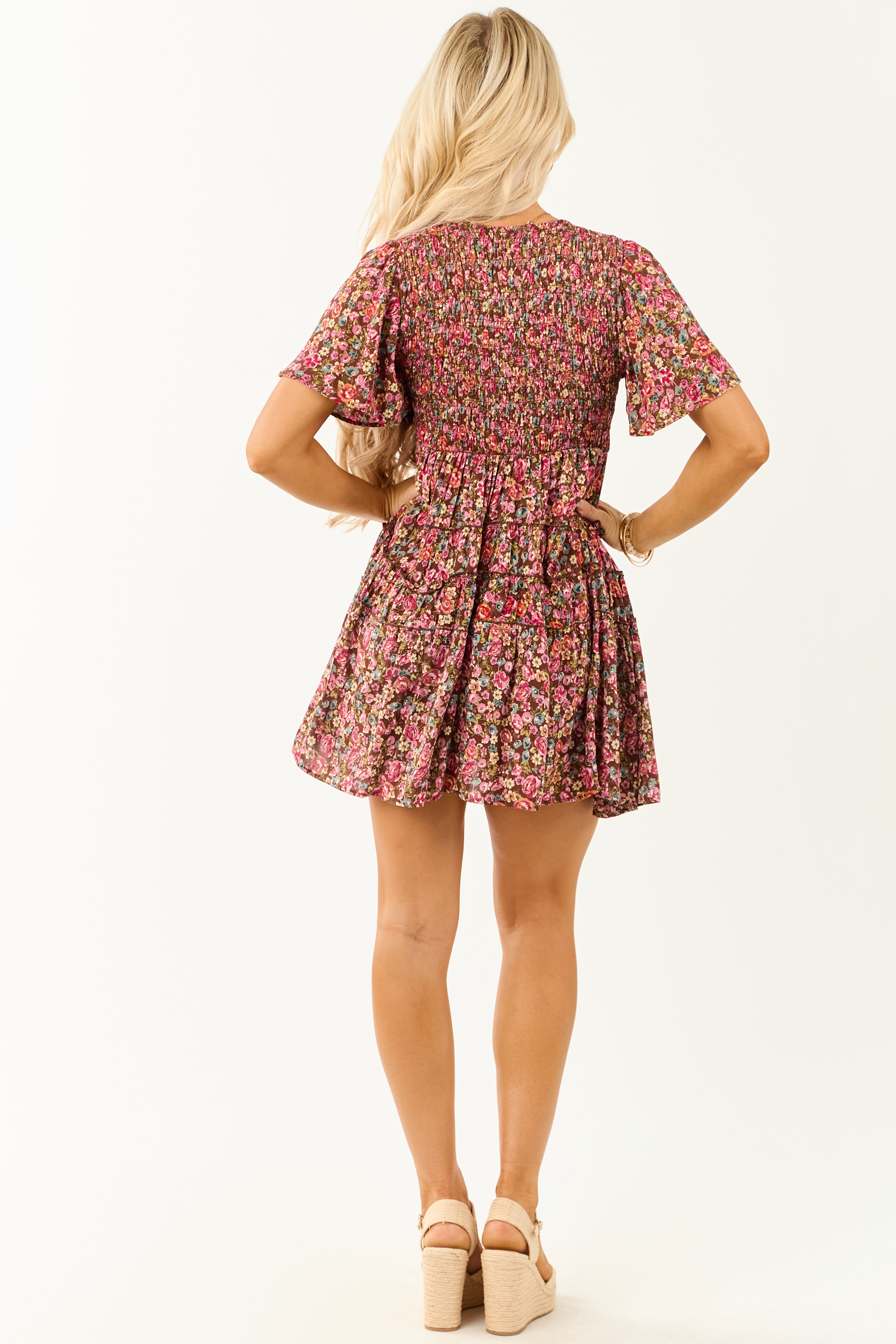 Sepia Floral Print Smocked Tiered Mini Dress