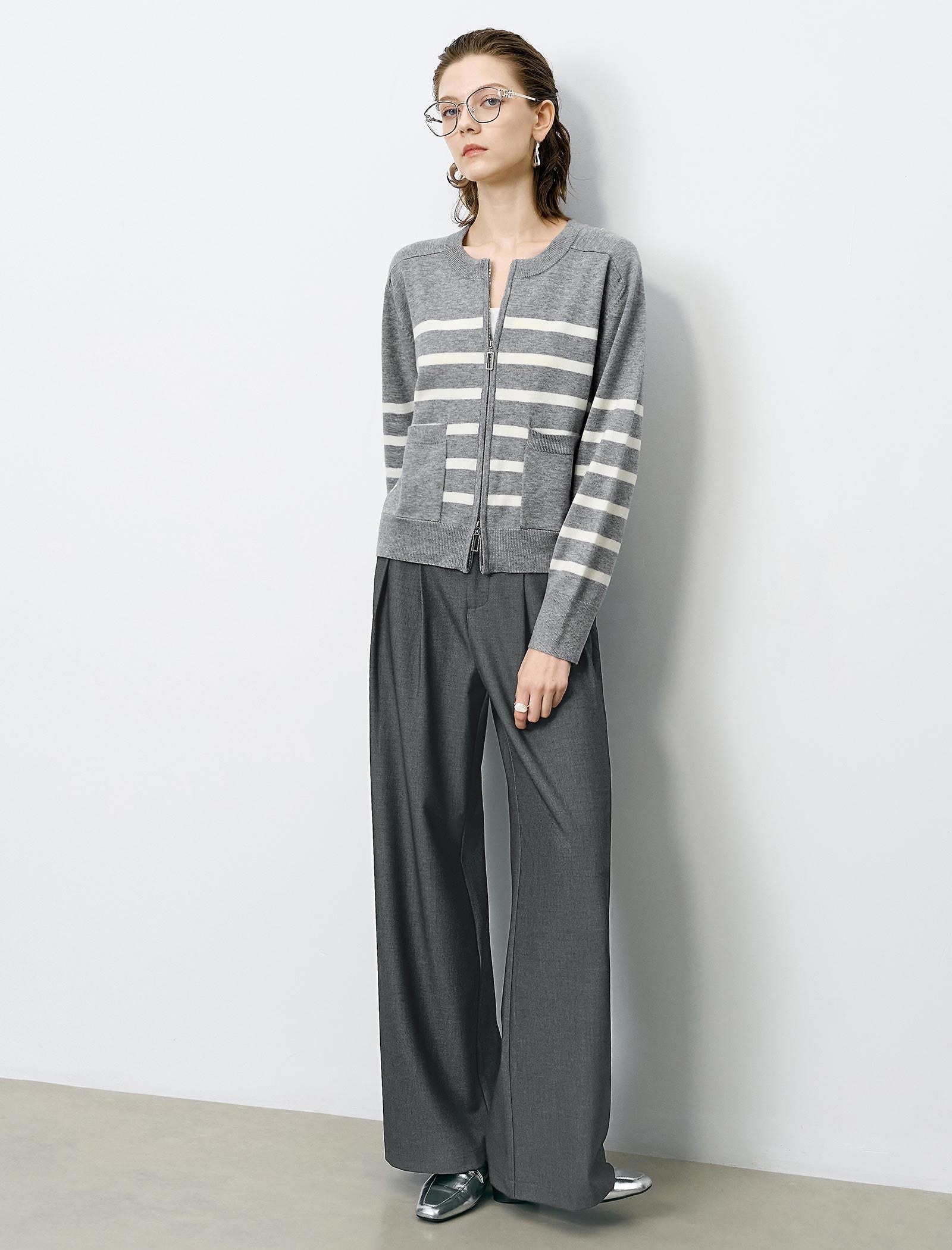 Striped Wool Zipper Short Knit Cardigan