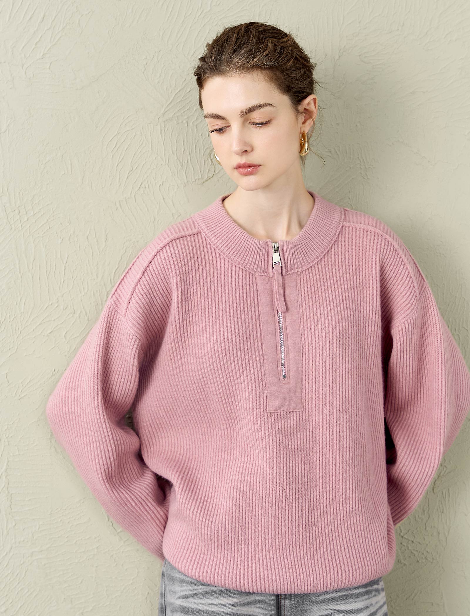 Half-Zip 100% Wool Ribbed Sweater